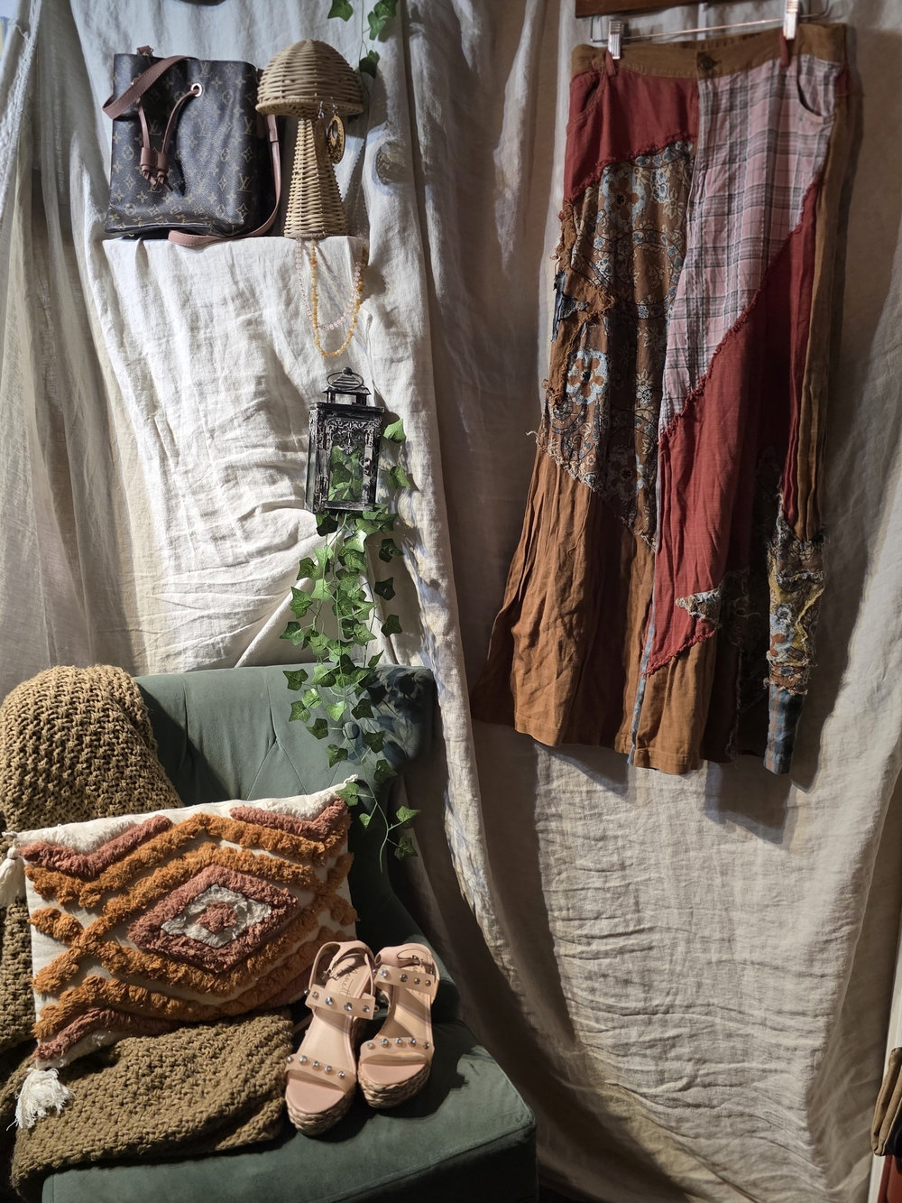 Boutique Boho Patchwork Pants in Rust & Brown